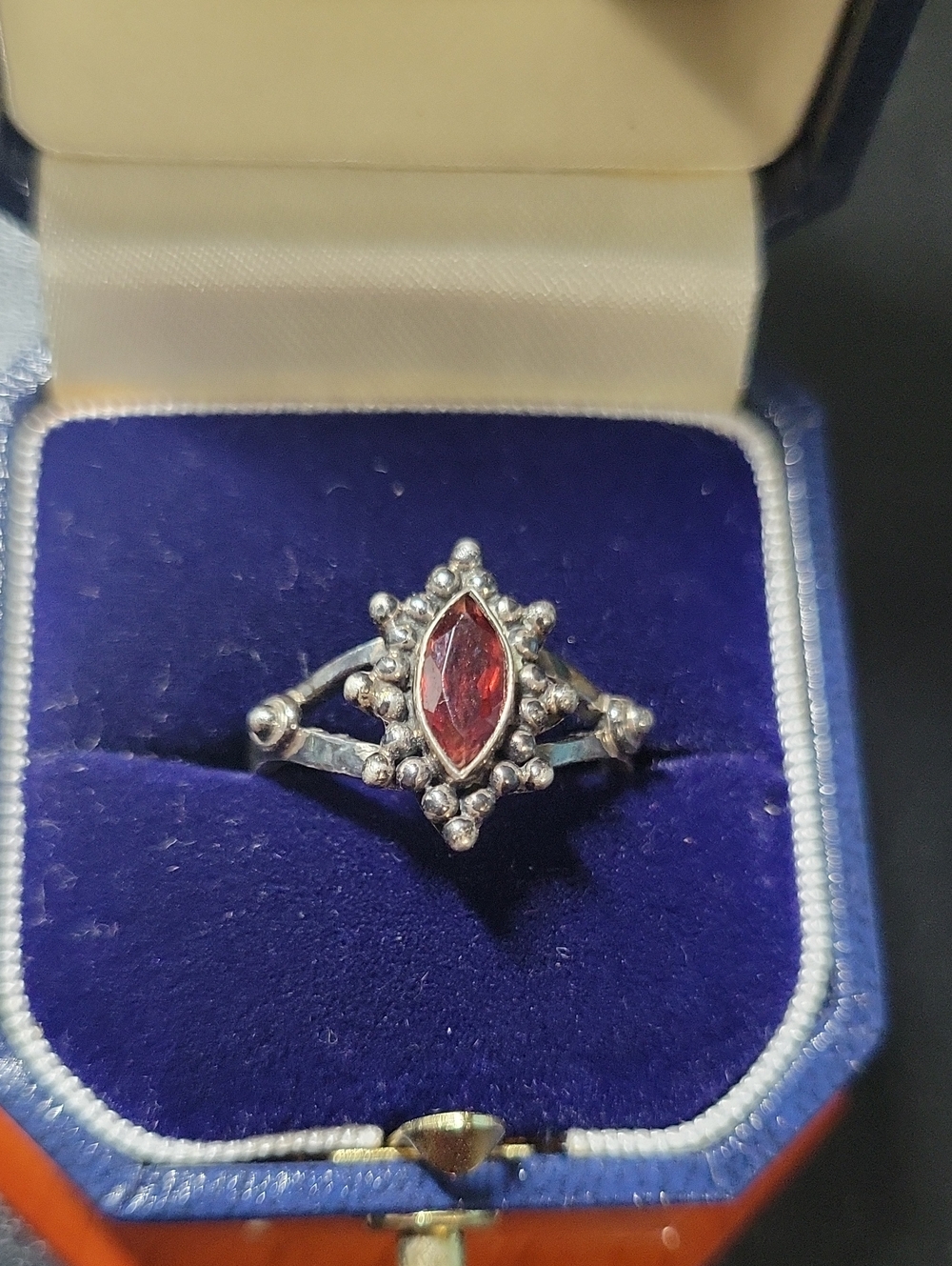 Vintage Silver Ring with Marquise Red Gem